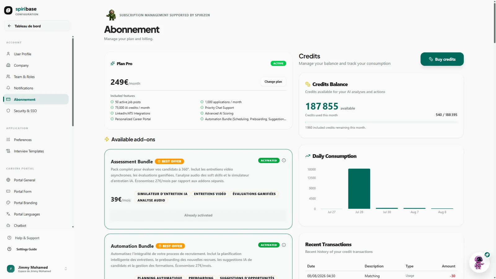 L'écran d'abonnement : le plan en cours et les modules activés