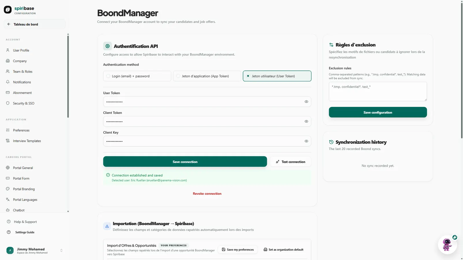 Le connecteur BoondManager : test de connexion, droit API par droit API
