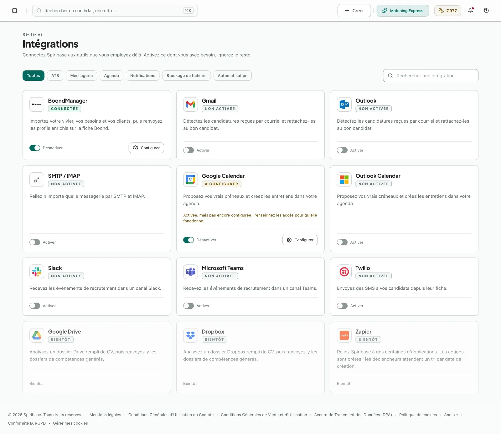 Écran des intégrations : BoondManager connectée, messageries, agendas, notifications et stockage, chacun avec son état