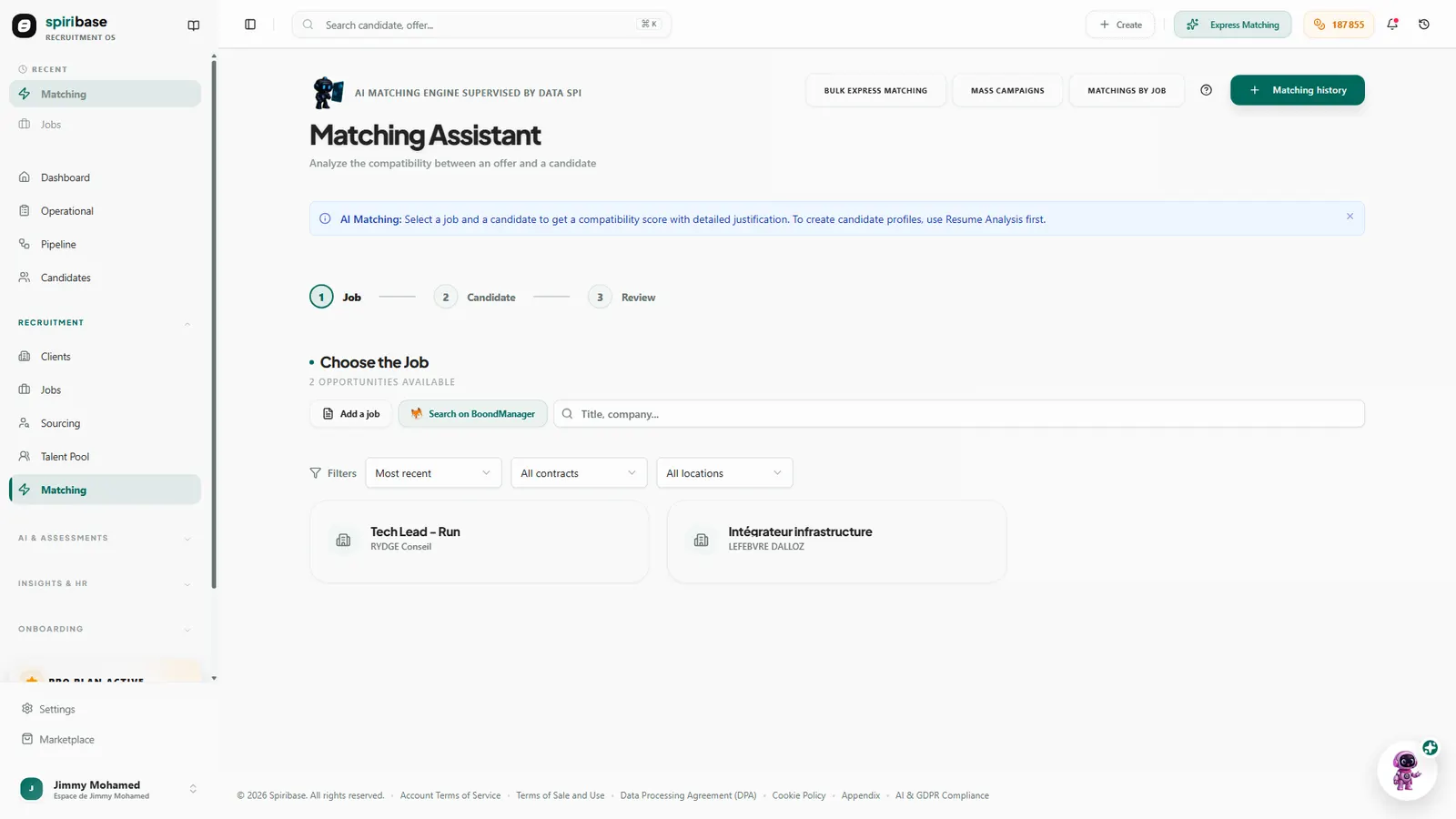 Écran de matching : profils classés par pertinence sur un besoin
